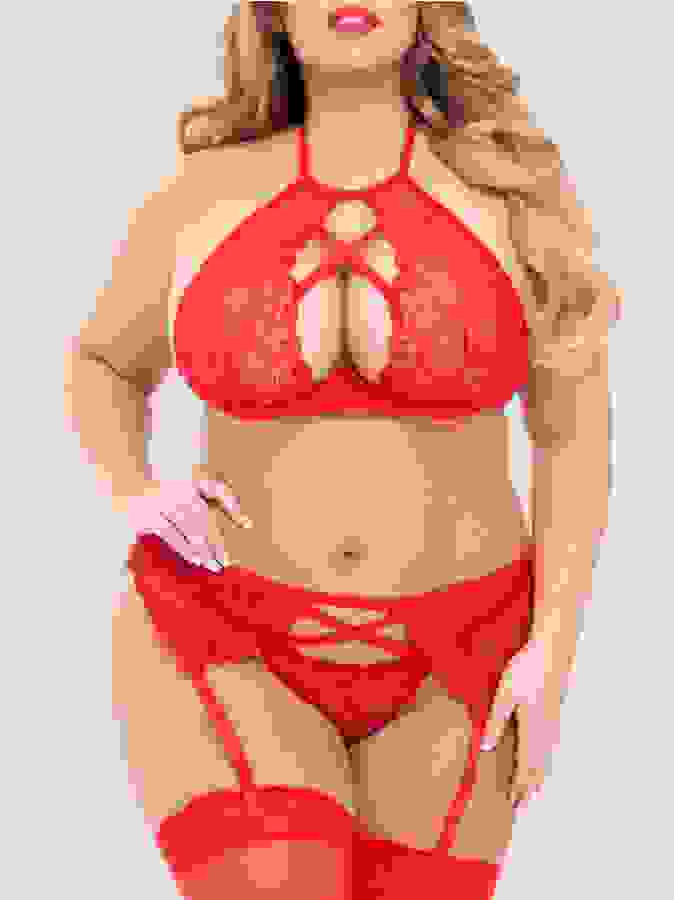 Lovehoney Plus Size Underwired Halterneck Bra and Suspender Set, Red, hi-res